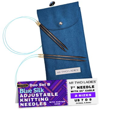 Soie bleue | Duo Set | Aiguilles à tricoter réglables | Avec étui personnalisé